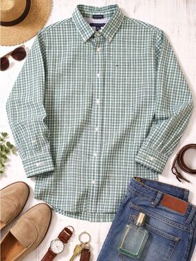 Tommy Hilfiger Button Down Shirt Mens Med Green Check Long Sleeve Pocket Classic